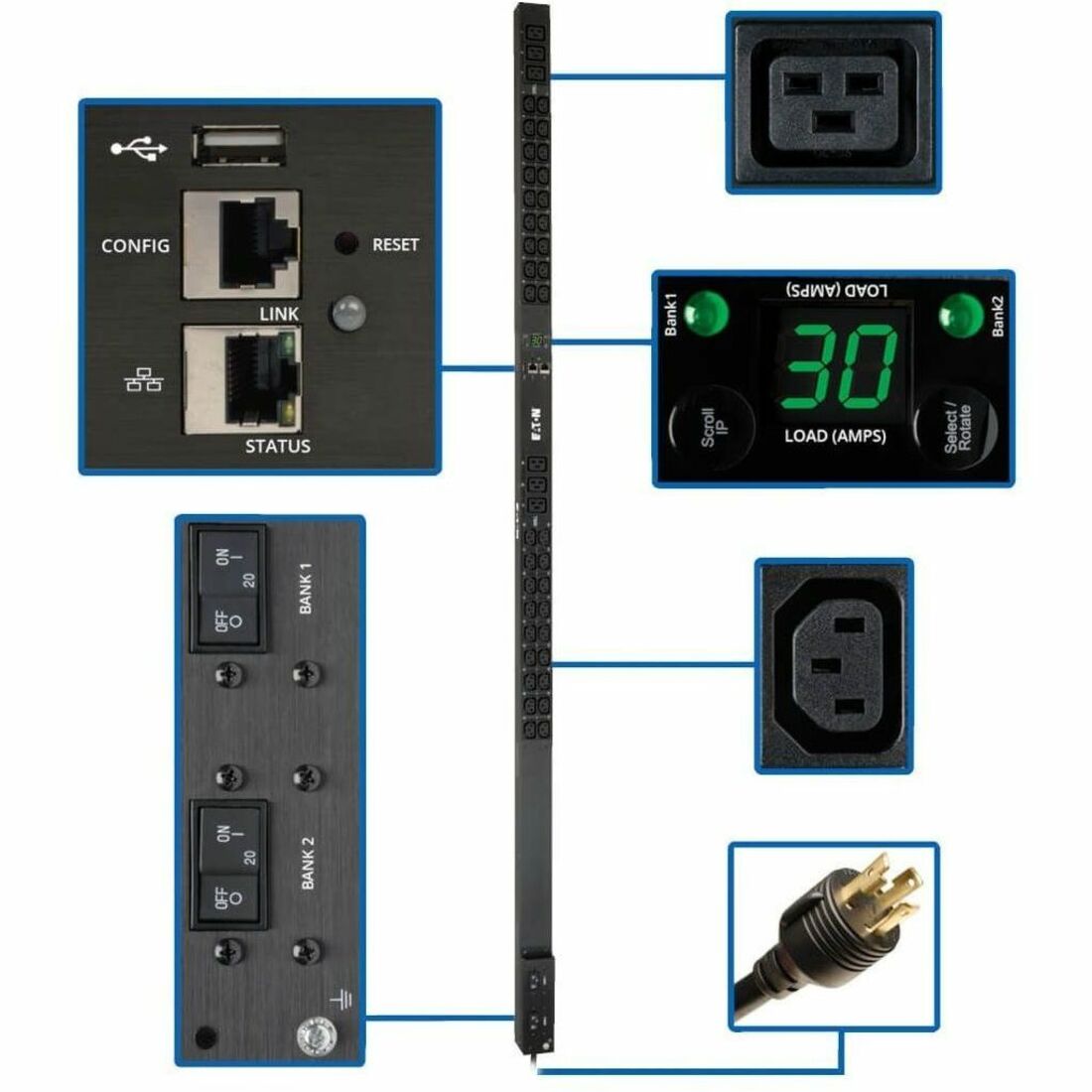 Eaton 5.5kW Single-Phase Monitored PDU, LX Interface, 208/230V Outlets (36 C13/6 C19), L6-30P, 10 ft. (3.05 m) Cord, 0U 1.8m/70 in. Height, TAA — PDUMNV30HV2LX
