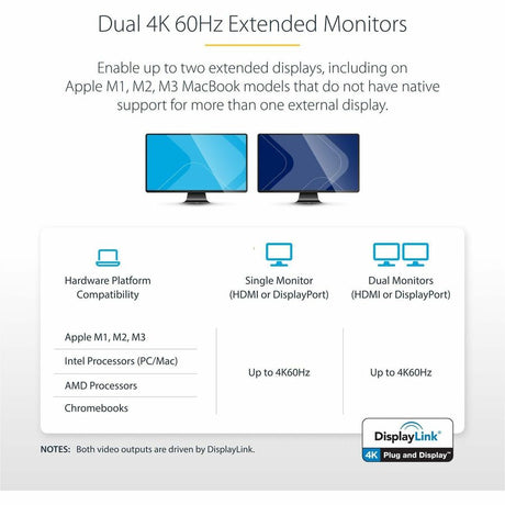 StarTech.com Universal Laptop Docking Station, Hybrid USB-C & USB-A Dock, Dual 4K DP & HDMI, 60W PD, Mac / Windows / Chrome OS, GbE — DK30C2DPPD