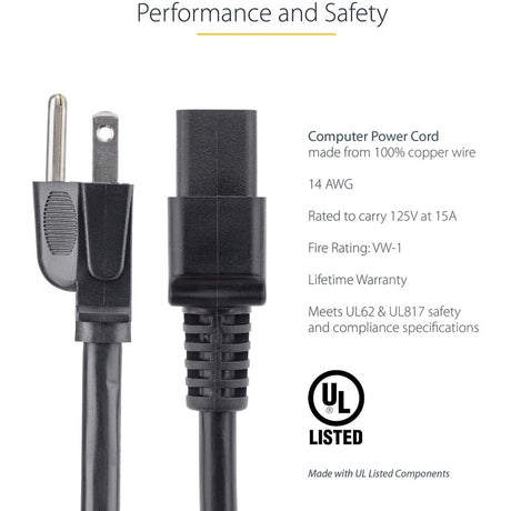 StarTech.com 3ft (1m) Heavy Duty Power Cord, NEMA 5-15P to C19, 15A 125V, 14AWG, Computer Power Cord, Heavy Gauge Power Cable — PXT515C19143