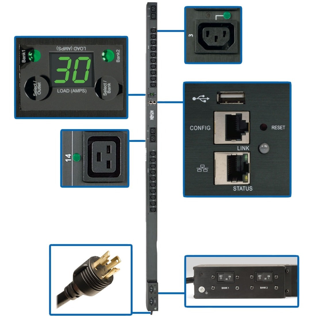 Eaton 5.5kW Single-Phase Switched PDU, Outlet Monitoring, 208/230V Outlets (20 C13 & 4 C19), 0U, LX Interface, TAA — PDUMVR30HVNETLX