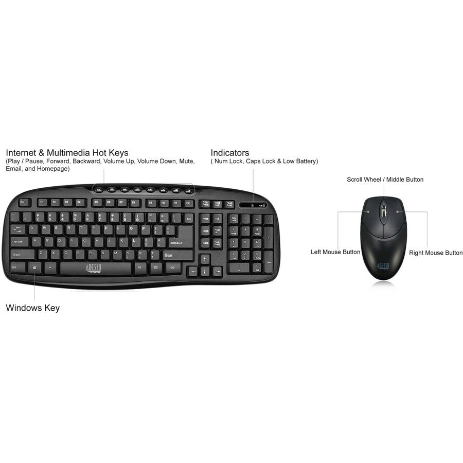 Adesso WKB-1330CB 2.4 GHz Wireless Desktop Keyboard and Mouse Combo — WKB-1330CB