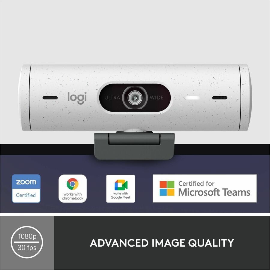Logitech Brio 500 Full HD webcam, auto framing, noise-reducing mics, privacy shutter, streaming & video calling, Off-white — 960-001427