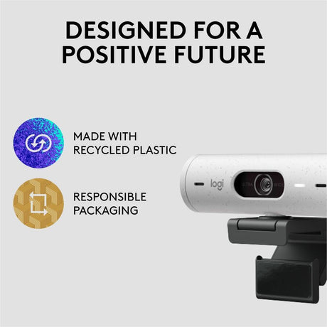 Logitech Brio 500 Full HD webcam, auto framing, noise-reducing mics, privacy shutter, streaming & video calling, Off-white — 960-001427
