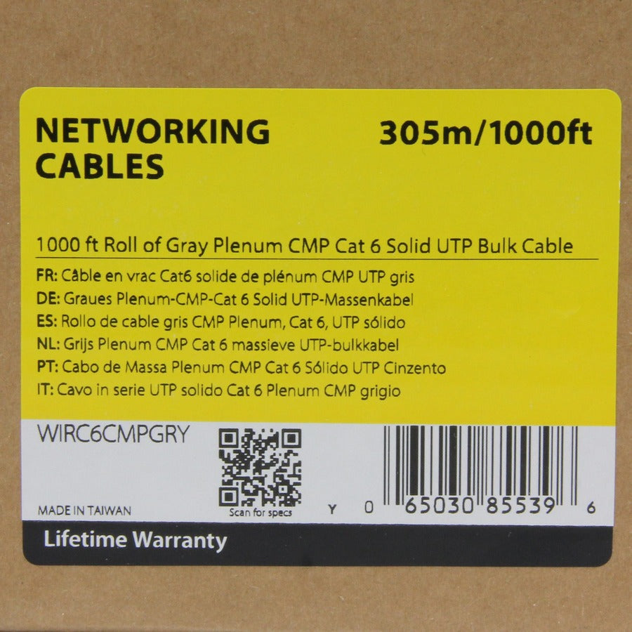 StarTech.com Bulk Cat 6 Ethernet Cable - 1000 ft. - Solid - CMP/FT6 Plenum Fire Rating - ETL Verified - Gray - TAA Compliant — WIRC6CMPGRY
