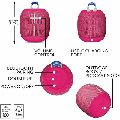 Ultimate Ears WONDERBOOM 4 Portable Waterproof Bluetooth Speaker With Big Bass and 360-Degree Sound, Dustproof Floating Speaker With 131ft (40m) Range, Pink — 984-001878