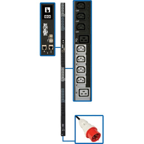 Eaton Tripp Lite Series 11.5kW 208-240V 3PH Switched PDU - LX Interface, Gigabit, 30 Outlets, IEC 309 16/20A Red 360-415V Input, Outlet Monitoring, LCD, 1.8 m Cord, 0U 1.8 m Height, TAA — PDU3XEVSR6G20