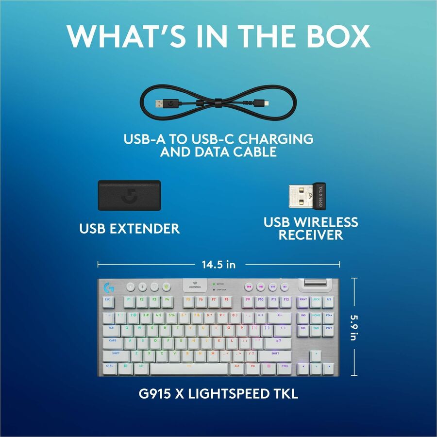 Logitech G915 X LIGHTSPEED TKL Low-Profile Wireless Gaming Keyboard, Double-Shot PBT Keycaps, Fully Programmable Keys, RGB Backlighting, Sleek Aluminum Finishing, GL Brown Tactile - PC/Mac (White) — 920-012732