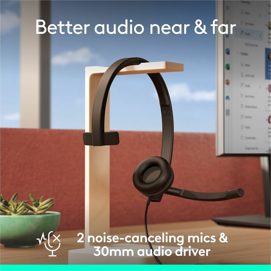 Logitech H570e USB Wired Mono Headset, USB-C, Noise-Canceling Mics, Inline Controls, Certified for Microsoft Teams, Black — 981-001425