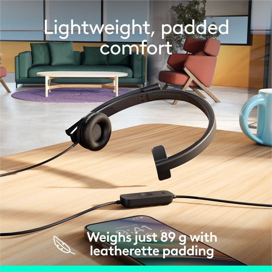 Logitech H570e USB Wired Mono Headset, USB-C, Noise-Canceling Mics, Inline Controls, Certified for Microsoft Teams, Black — 981-001425