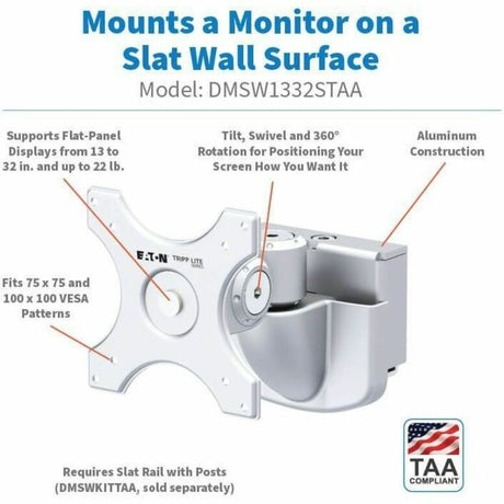 Eaton Tripp Lite Series Monitor Mount for Slat Wall System, 13" to 32" Displays, TAA — DMSW1332STAA
