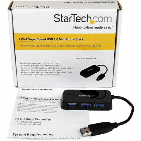 StarTech.com Portable 4 Port SuperSpeed Mini USB 3.0 Hub - 5Gbps - Black — ST4300MINU3B