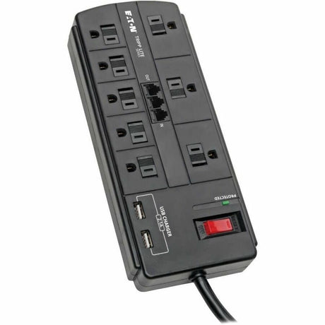 Eaton Tripp Lite Series 8-Outlet Surge Protector with 2 USB Ports (2.1A Shared) - 8 ft. (2.43 m) Cord, 1200 Joules, Tel/Modem, Black — TLP88TUSBB