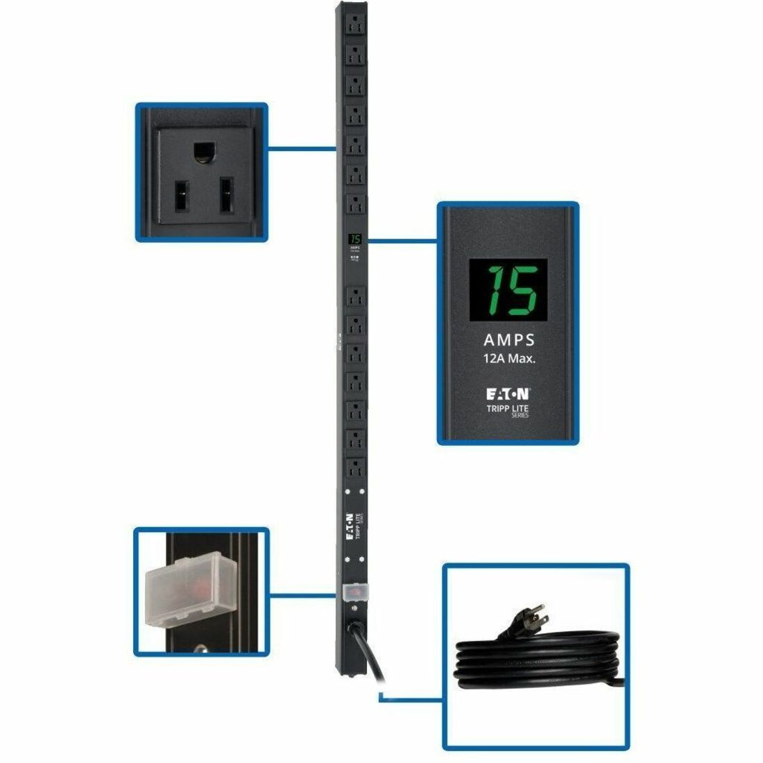 Eaton Tripp Lite Series 1.5kW Single-Phase Local Metered PDU, 100-127V Outlets (14 5-15R), 5-15P, 15 ft. (4.57 m) Cord, 0U Vertical, 36 in. — PDUMV15-36