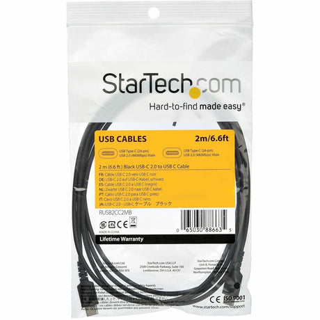 StarTech.com 2m USB C Charging Cable - Durable Fast Charge & Sync USB 2.0 Type C to C Charger Cord - TPE Jacket Aramid Fiber M/M 60W Black — RUSB2CC2MB