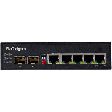 StarTech.com Industrial 6 Port Gigabit Ethernet Switch 4 PoE RJ45 +2 SFP Slots 30W PoE+ 48VDC 10/100/1000 Mbps -40C to 75C w/DIN Connector — IES1G52UPDIN