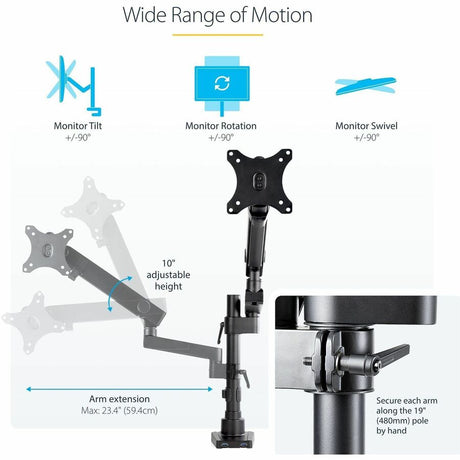 StarTech.com Desk Mount Monitor Arm with 2x USB 3.0 ports for VESA Display up to 34" (17.6lb/8kg), C-Clamp/Grommet, Mechanical Spring — ARMPIVOT2USB3