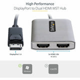 StarTech.com DP to Dual HDMI MST HUB, Dual HDMI 4K 60Hz, 2 Port DisplayPort Multi Monitor Adapter with 1ft/30cm Cable, DP 1.4 | DSC | HBR3 — MST14DP122HD