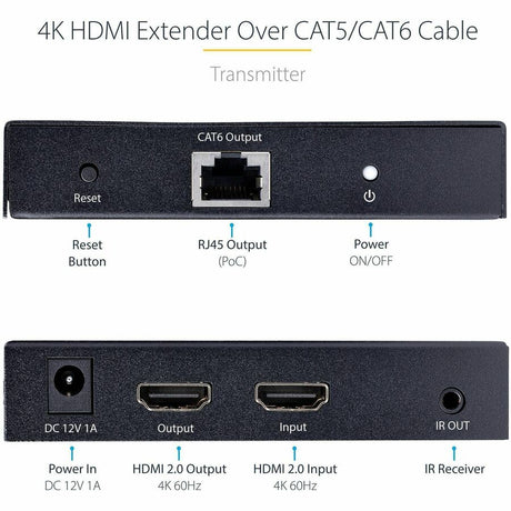 StarTech.com 4K HDMI Extender Over CAT5/CAT6 Cable, 4K 60Hz Video Extender Up to 230ft (70m), HDMI Over Ethernet Cabling, S/PDIF Audio Out — 4K70IC-EXTEND-HDMI