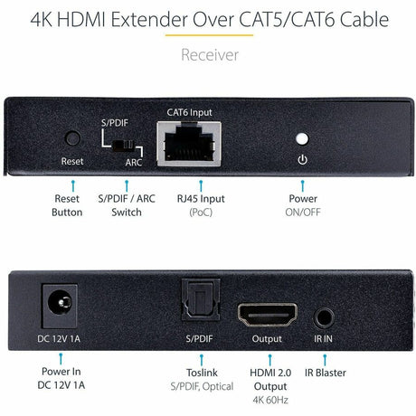 StarTech.com 4K HDMI Extender Over CAT5/CAT6 Cable, 4K 60Hz Video Extender Up to 230ft (70m), HDMI Over Ethernet Cabling, S/PDIF Audio Out — 4K70IC-EXTEND-HDMI