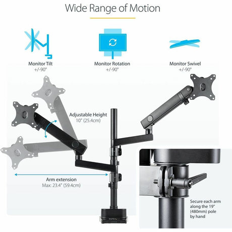 StarTech.com Desk Mount Dual Monitor Arm, Height Adjustable Monitor Mount for 2x VESA Displays up to 32" (17.6lb/8kg), Mechanical Spring — ARMDUALPIVOT