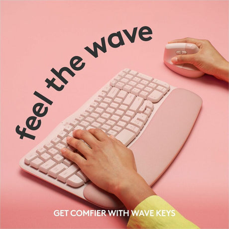 Logitech Wave Keys Wireless Ergonomic Keyboard with Cushioned Palm Rest, Comfortable Natural Typing, Easy-Switch, Rose — 920-012276