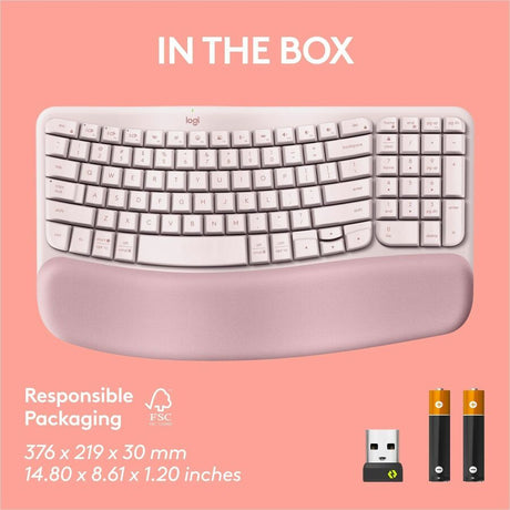Logitech Wave Keys Wireless Ergonomic Keyboard with Cushioned Palm Rest, Comfortable Natural Typing, Easy-Switch, Rose — 920-012276