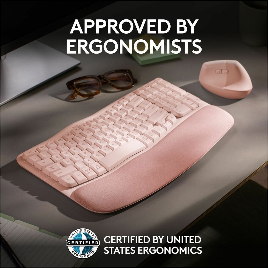 Logitech Wave Keys Wireless Ergonomic Keyboard with Cushioned Palm Rest, Comfortable Natural Typing, Easy-Switch, Rose — 920-012276