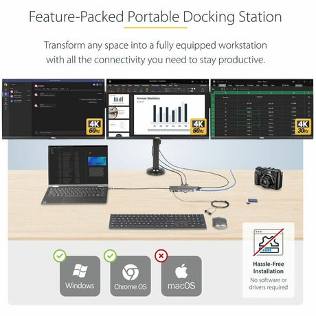StarTech.com USB-C Triple-Monitor Multiport Adapter, Dual 4K 60Hz + 4K 30Hz HDMI & DP, 4x USB-A, 100W PD Pass-Through, GbE, SD Card Reader — 154B-USBC-MULTIPORT