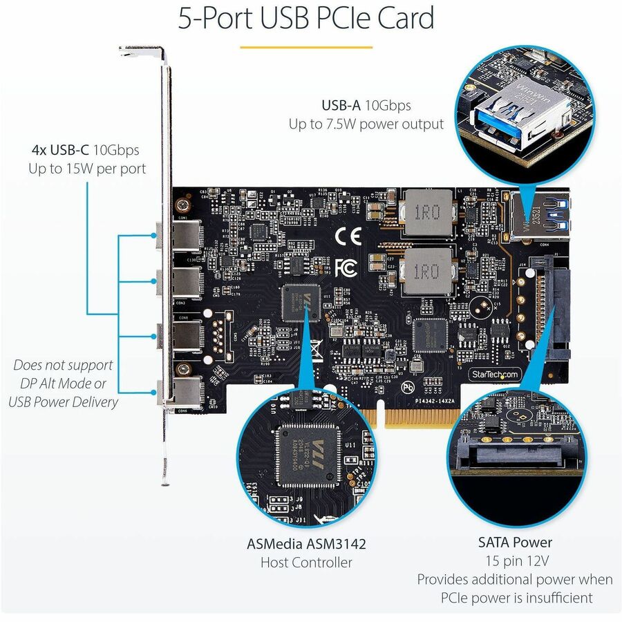 StarTech.com 5-Port USB PCIe Card, USB 3.2 10Gbps, PCI Express Card with 4x USB-C Ports, 1x USB-A Internal Port — PS4C3IA3-USB-C-CARD