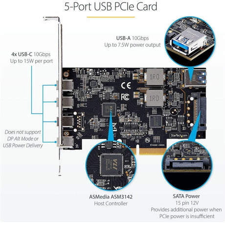 StarTech.com 5-Port USB PCIe Card, USB 3.2 10Gbps, PCI Express Card with 4x USB-C Ports, 1x USB-A Internal Port — PS4C3IA3-USB-C-CARD
