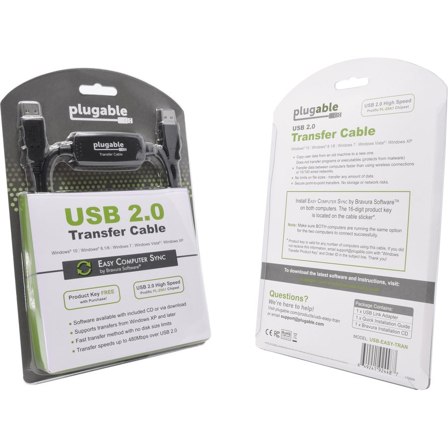 Plugable USB 2.0 Transfer Cable, Unlimited Use, Transfer Data Between 2 Windows PC's — USB-EASY-TRAN