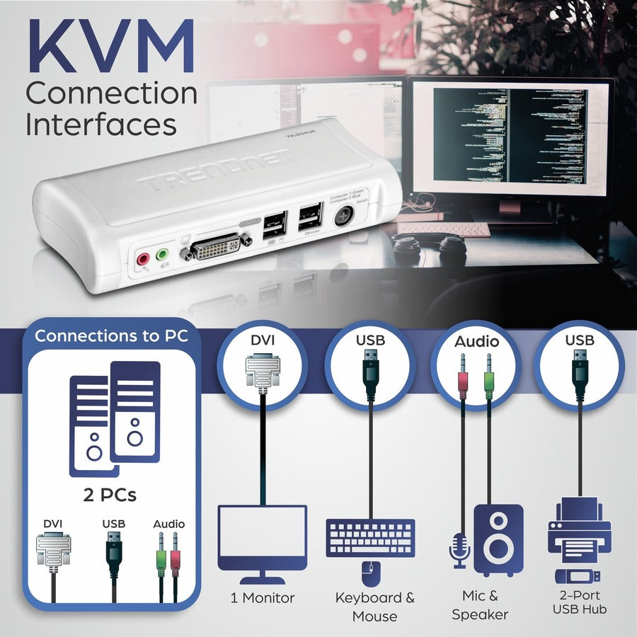 TRENDnet 2-Port DVI USB KVM Switch & Cable Kit with Audio, Manage Two PCs, 2 x USB Keyboard & Mouse Ports, 2 x Bonus USB 2.0 Ports, 2 Way Audio Support, TK-204UK