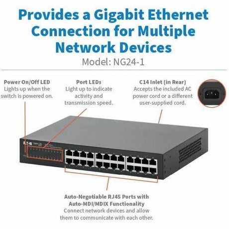 Eaton Tripp Lite Series 24-Port 10/100/1000 Mbps Desktop Gigabit Ethernet Unmanaged Switch, Metal Enclosure — NG24-1