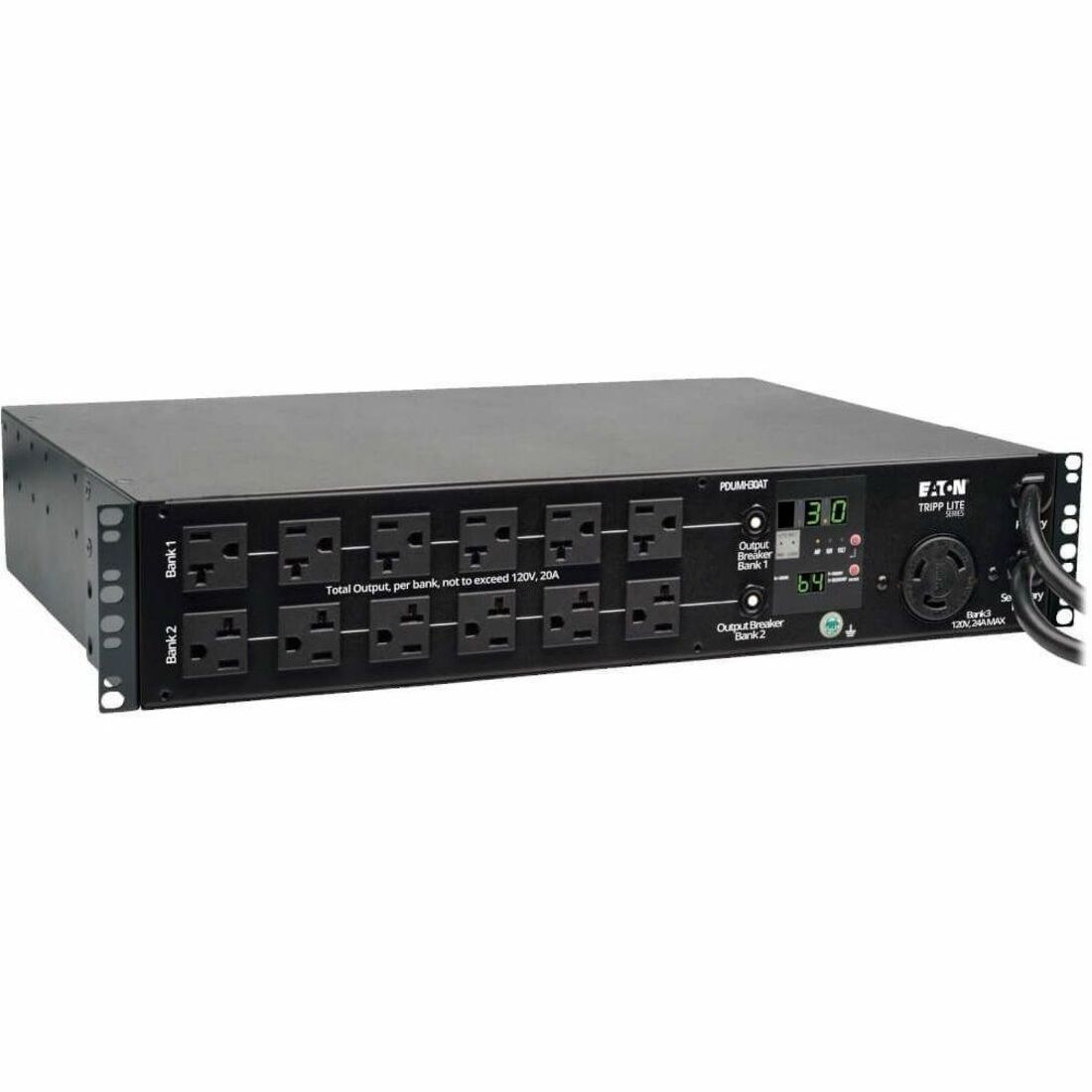 Eaton Tripp Lite Series 2.9kW Single-Phase Local Metered Automatic Transfer Switch PDU, 2 120V L5-30P Inputs, 24 5-15/20R & 1 L5-30R Outputs, 2U, TAA — PDUMH30AT