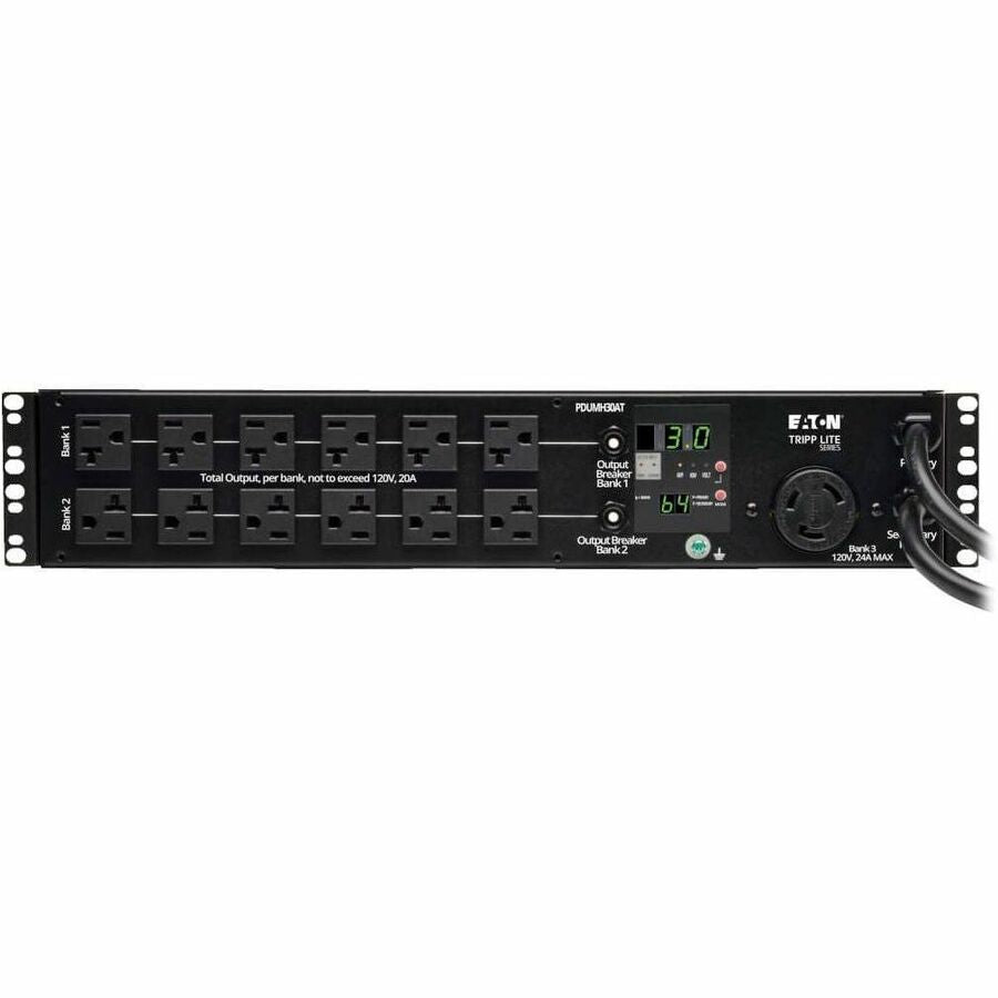 Eaton Tripp Lite Series 2.9kW Single-Phase Local Metered Automatic Transfer Switch PDU, 2 120V L5-30P Inputs, 24 5-15/20R & 1 L5-30R Outputs, 2U, TAA — PDUMH30AT