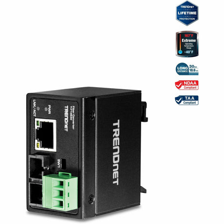 TRENDnet Hardened Industrial 100Base-FX Single-Mode SC Fiber Converter, (30 km, 18.6 Miles), IP40 Rated Housing, TI-F10S30,Lifetime Protection,Black — TI-F10S30