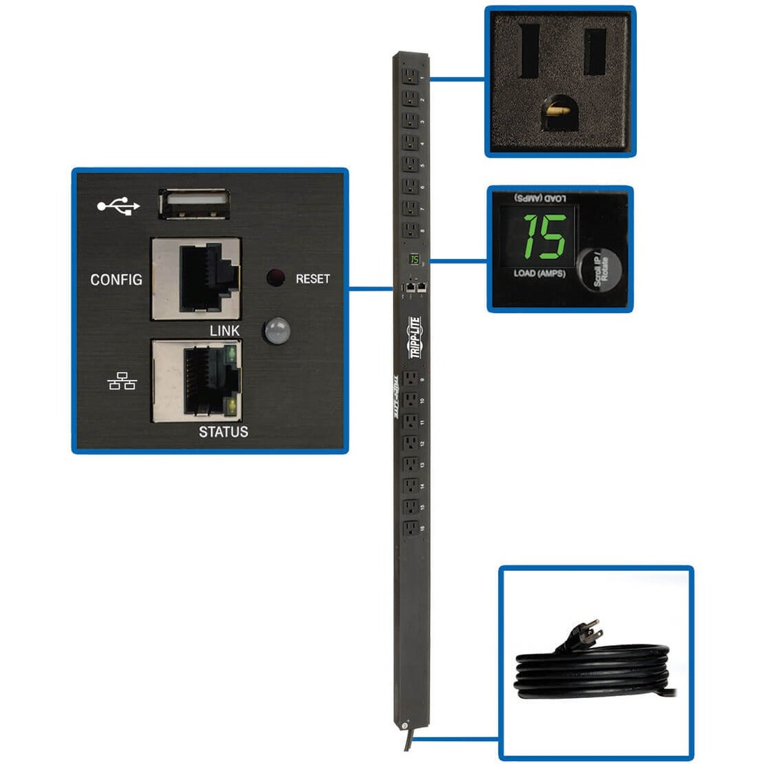 Eaton 1.4kW Single-Phase Monitored PDU with LX Platform Interface, 120V Outlets (16 5-15R), 10 ft. (3.05 m) Cord with 5-15P Plug, 0U, TAA — PDUMNV15LX