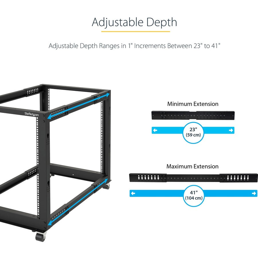 StarTech.com 4-Post 15U Mobile Open Frame Server Rack, 19" Network Rack with Casters, Rolling Rack for Computer/AV/Data/IT Equipment — 4POSTRACK15U