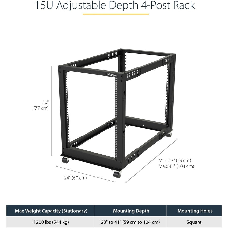 StarTech.com 4-Post 15U Mobile Open Frame Server Rack, 19" Network Rack with Casters, Rolling Rack for Computer/AV/Data/IT Equipment — 4POSTRACK15U