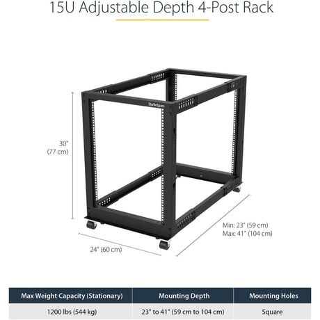 StarTech.com 4-Post 15U Mobile Open Frame Server Rack, 19" Network Rack with Casters, Rolling Rack for Computer/AV/Data/IT Equipment — 4POSTRACK15U