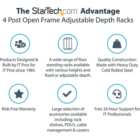 StarTech.com 4-Post 15U Mobile Open Frame Server Rack, 19" Network Rack with Casters, Rolling Rack for Computer/AV/Data/IT Equipment — 4POSTRACK15U