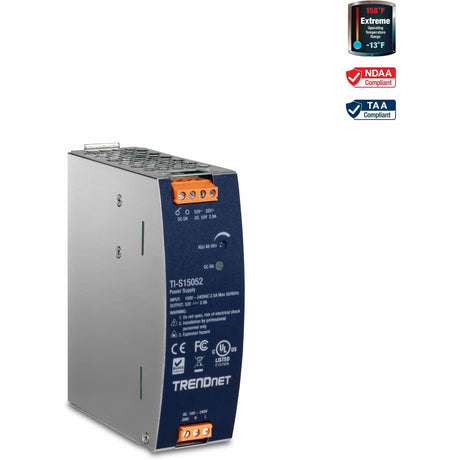 TRENDnet 150W, 52V DC, 2.89A AC to DC DIN-Rail Power Supply, TI-S15052, Industrial Power Supply with Built-In Power Factor Controller Function, Silver — TI-S15052