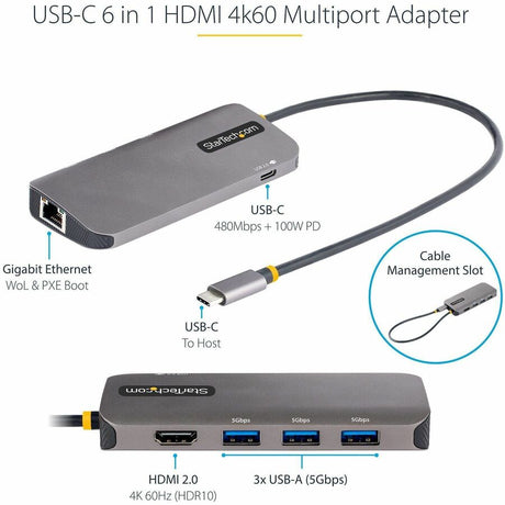 StarTech.com USB C Multiport Adapter, 4K 60Hz HDMI HDR10 Video, 3 Port 5Gbps USB 3.2 Hub, 100W PD PassThrough, GbE, Mini Travel Dock — 127B-USBC-MULTIPORT