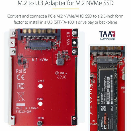 StarTech.com M.2 to U.3 Adapter, For M.2 NVMe SSDs, PCIe M.2 Drive to 2.5inch U.3 (SFF-TA-1001) Host Adapter/Converter, TAA Compliant — 1M25-U3-M2-ADAPTER