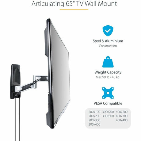 StarTech.com Articulating TV Wall Mount, VESA Wall Mount TV Bracket for 65 inch/99lb/Curved TVs, Corner Adjustable Low Profile Wall Mount — TV-WALL-MOUNT-65FS