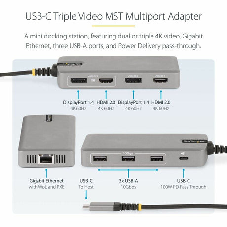 StarTech.com USB-C Triple-Monitor Multiport Adapter, HDMI & DisplayPort, 3x 10Gbps USB Hub, PD Pass-Through, GbE, Travel Docking Station — 117B-USBC-MULTIPORT