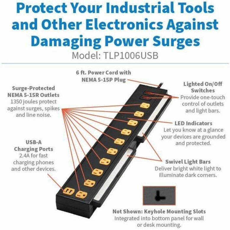 Eaton Tripp Lite Series Protect It! 10-Outlet Surge Protector with Swivel Light Bars - 5-15R Outlets, 2 USB Ports, 6 ft. (1.8 m) Cord, 1350 Joules, Black — TLP1006USB