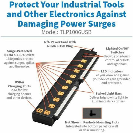 Eaton Tripp Lite Series Protect It! 10-Outlet Surge Protector with Swivel Light Bars - 5-15R Outlets, 2 USB Ports, 6 ft. (1.8 m) Cord, 1350 Joules, Black — TLP1006USB