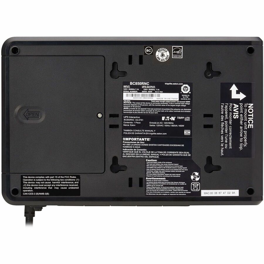 Eaton Tripp Lite Series 850VA 450W 120V Standby Cloud-Connected UPS with Remote Monitoring - 5 NEMA 5-15R Outlets (Surge + Battery Backup), 5-15P Plug, Desktop — BC850RNC