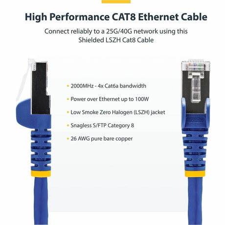 StarTech.com 6in Blue CAT8 Ethernet Cable, Snagless RJ45, 25G/40G 2000MHz, 100W PoE, S/FTP, 26AWG Pure Bare Copper, LSZH Network Patch Cord — NLBL-6IN-CAT8-PATCH